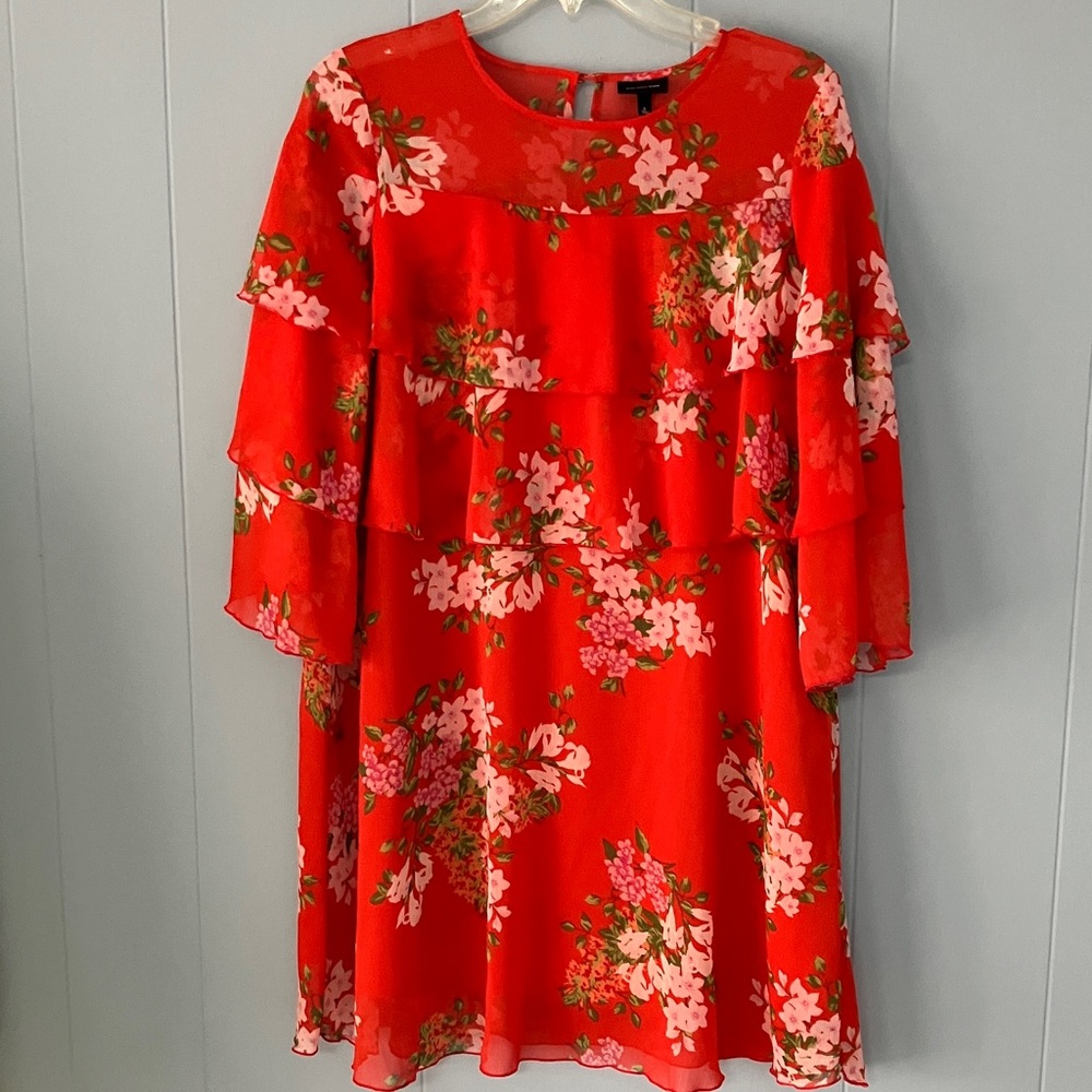 Who What Wear Red Floral Ruffled Dress Size S Bell Sleeves Illusion Neckline